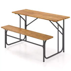 Costway Patio Table Bench Set for 2 Picnic Table & Loveseat w/Acacia Wood Top Metal Legs