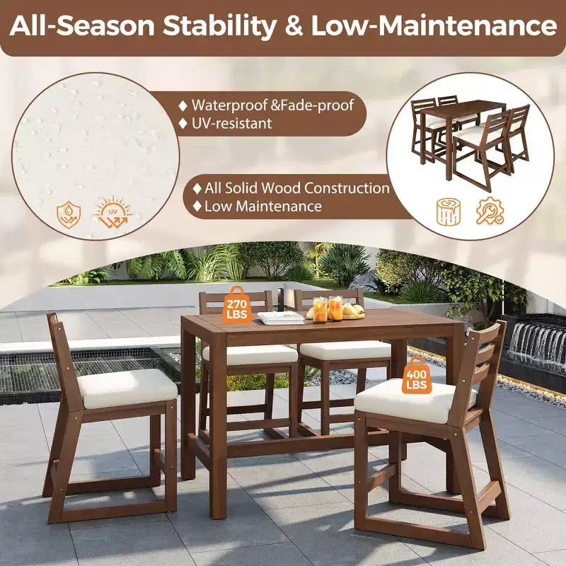 Whisen 5-Piece Rustic Patio Bar Set, Patio Table and Chairs Set with Ergonomic Chairs & Slatted Tabletop