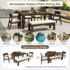 Whisen Patio Dining Table Set for 6, Outdoor Furniture Sets with Umbrella Hole, Table, Chairs and Bench