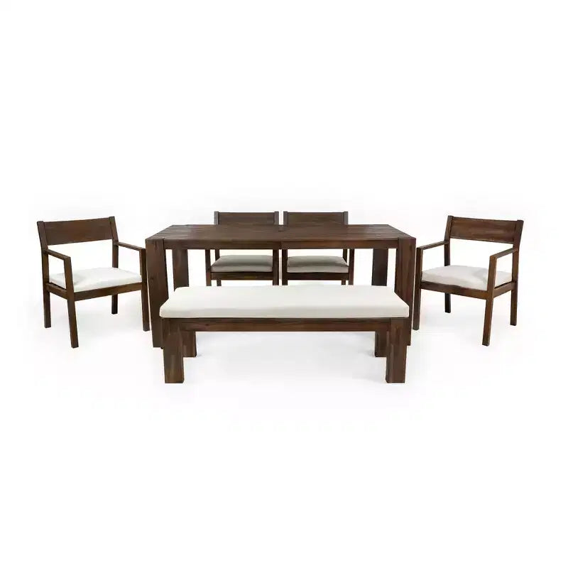 Whisen Patio Dining Table Set for 6, Outdoor Furniture Sets with Umbrella Hole, Table, Chairs and Bench