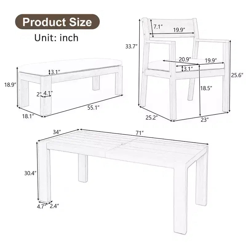 Whisen Patio Dining Table Set for 6, Outdoor Furniture Sets with Umbrella Hole, Table, Chairs and Bench