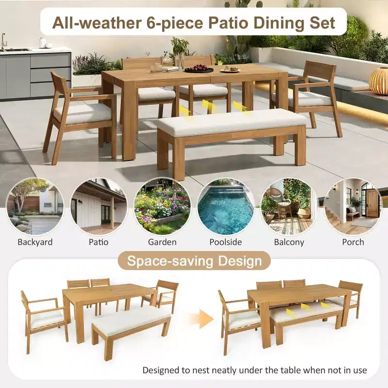Whisen Patio Dining Table Set for 6, Outdoor Furniture Sets with Umbrella Hole, Table, Chairs and Bench