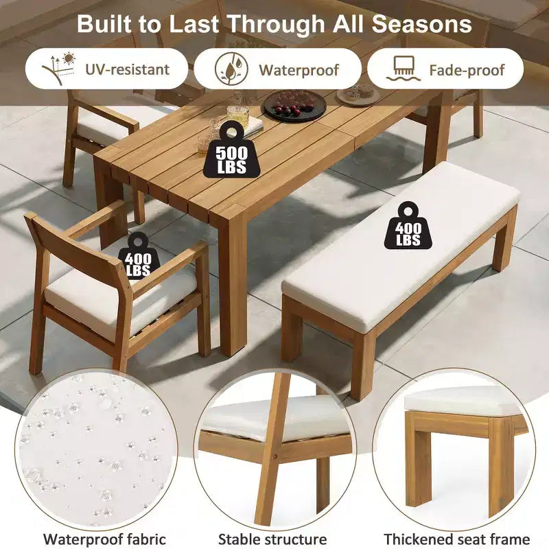 Whisen Patio Dining Table Set for 6, Outdoor Furniture Sets with Umbrella Hole, Table, Chairs and Bench