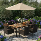 Ensemble de salle à manger d'extérieur Gymax 7 pièces avec chaises rembourrées à accoudoirs, surface en bois d'acacia et trou pour parasol, idéal pour le jardin, la cour arrière ou le bord de piscine.