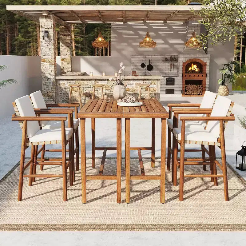 Ensemble de salle à manger de bar de patio 6 pièces, 2 tables en bois d'acacia hauteur comptoir avec 4 tabourets d'extérieur coussinés pour jardin et piscine - Panipeachy