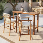 Ensemble de 3 meubles de bar de jardin à hauteur de comptoir, table de patio en bois d'acacia et 2 tabourets rembourrés pour jardin, piscine, balcon-Panipeachy