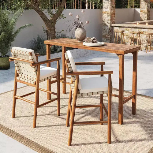 Ensemble de 3 meubles de bar de jardin à hauteur de comptoir, table de patio en bois d'acacia et 2 tabourets rembourrés pour jardin, piscine, balcon-Panipeachy