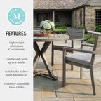 Ensemble de patio Martha Stewart Bedford 5 pièces en aluminium, 4 fauteuils de salle à manger empilables avec coussins, table ronde à piètement tréteau de 36 po, fini grain de bois brossé