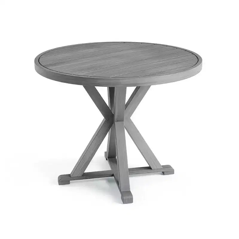 Ensemble de patio Martha Stewart Bedford 5 pièces en aluminium, 4 fauteuils de salle à manger empilables avec coussins, table ronde à piètement tréteau de 36 po, fini grain de bois brossé