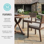Ensemble de patio Martha Stewart Bedford 5 pièces en aluminium, 4 fauteuils de salle à manger empilables avec coussins, table ronde à piètement tréteau de 36 po, fini grain de bois brossé