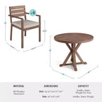 Ensemble de patio Martha Stewart Bedford 5 pièces en aluminium, 4 fauteuils de salle à manger empilables avec coussins, table ronde à piètement tréteau de 36 po, fini grain de bois brossé
