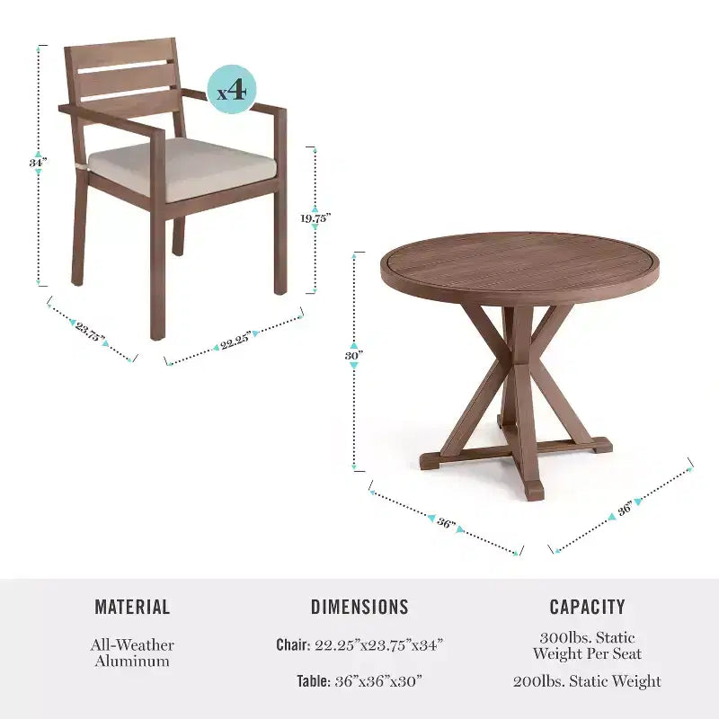 Ensemble de patio Martha Stewart Bedford 5 pièces en aluminium, 4 fauteuils de salle à manger empilables avec coussins, table ronde à piètement tréteau de 36 po, fini grain de bois brossé