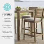 Ensemble de patio Martha Stewart Bedford en aluminium 3 pièces, 2 tabourets de bar avec coussins, table de patio carrée de 35,5 po