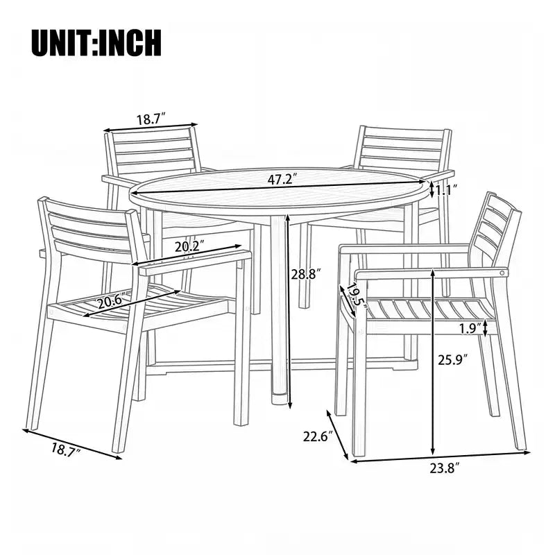 GDFStudio Saul Ensemble de salle à manger d'extérieur 5 pièces en bois d'acacia avec table ronde à lattes de 120 cm et chaises ergonomiques