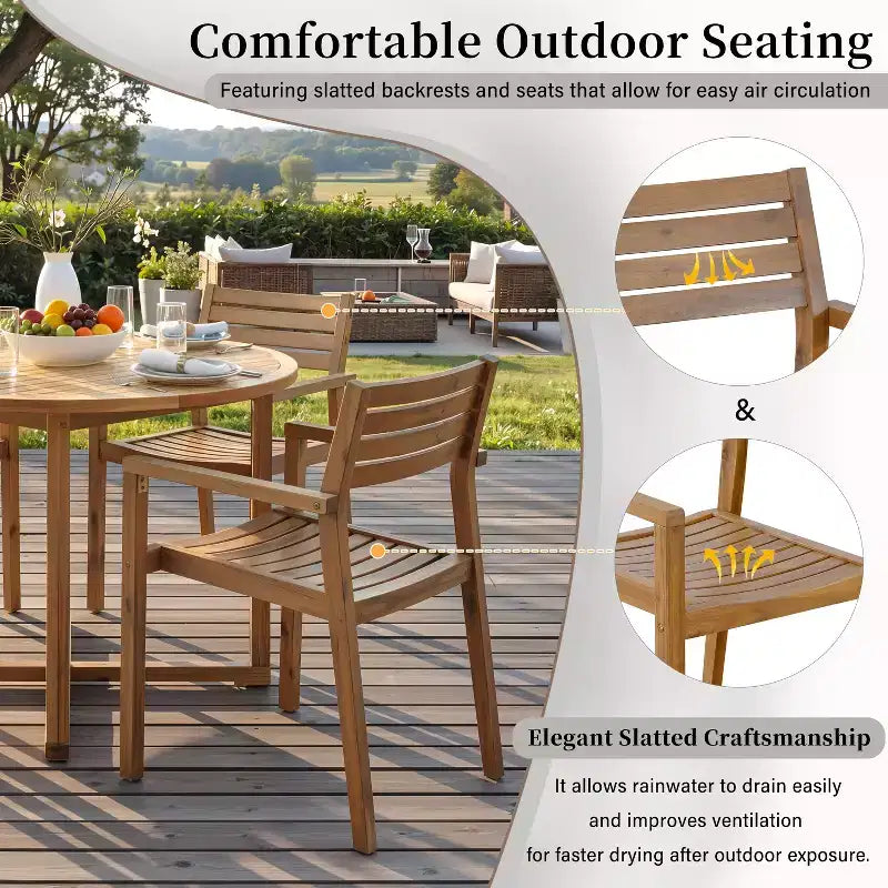 GDFStudio Saul Ensemble de salle à manger d'extérieur 5 pièces en bois d'acacia avec table ronde à lattes de 120 cm et chaises ergonomiques