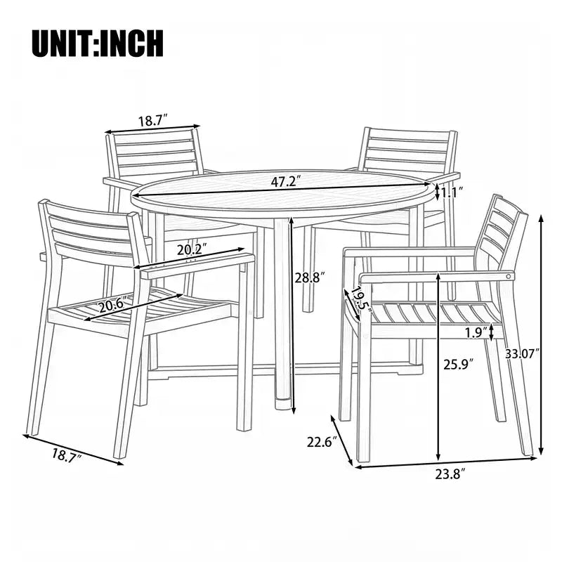 GDFStudio Saul Ensemble de salle à manger d'extérieur 5 pièces en bois d'acacia avec table ronde à lattes de 120 cm et chaises ergonomiques