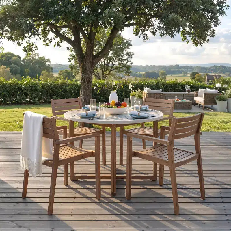 GDFStudio Saul Ensemble de salle à manger d'extérieur 5 pièces en bois d'acacia avec table ronde à lattes de 120 cm et chaises ergonomiques