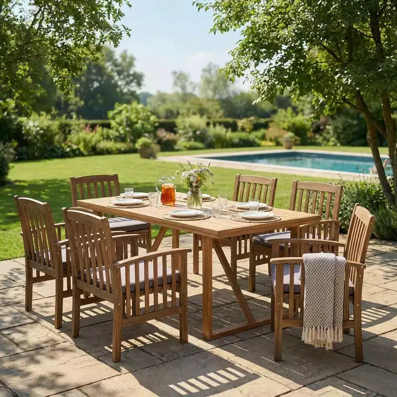 Ensemble de salle à manger d'extérieur 7 pièces en bois d'acacia, table rectangulaire moderne avec 6 chaises rembourrées pour patio, jardin, terrasse et piscine-Panipeachy