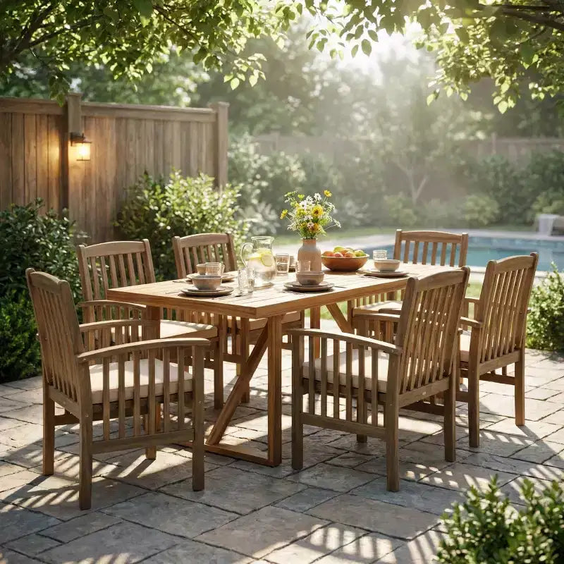 Ensemble de salle à manger d'extérieur 7 pièces en bois d'acacia, table rectangulaire moderne avec 6 chaises rembourrées pour patio, jardin, terrasse et piscine-Panipeachy