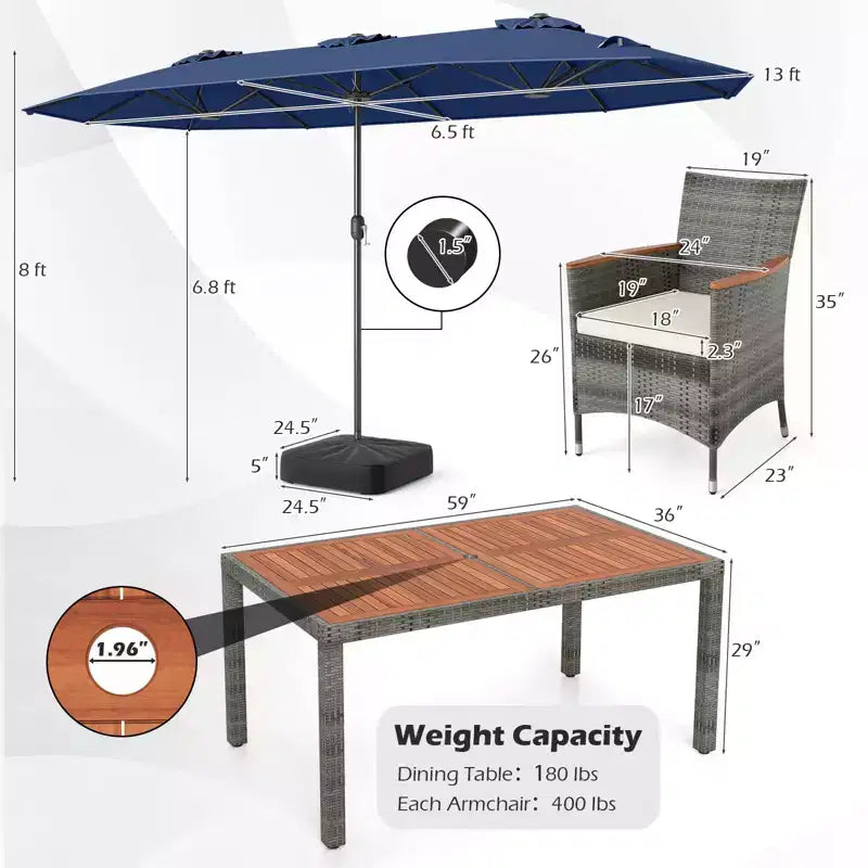 Gymax 8-Piece Patio Dining Set w/ Double-Sided Market Umbrella Acacia Wood Top