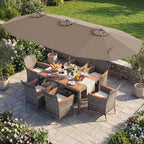 Gymax 8-Piece Patio Dining Set w/ Double-Sided Market Umbrella Acacia Wood Top