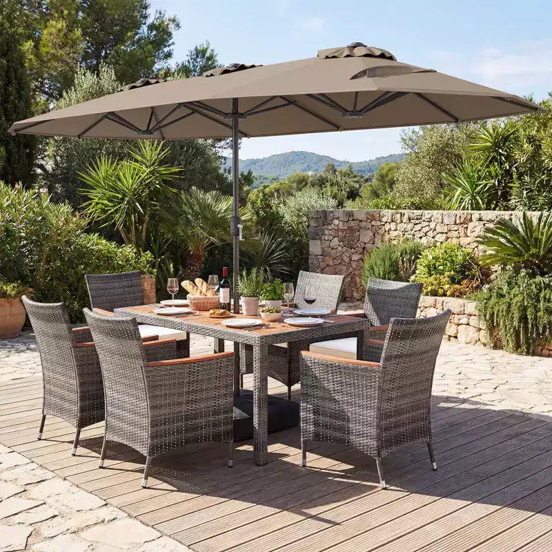 Gymax 8-Piece Patio Dining Set w/ Double-Sided Market Umbrella Acacia Wood Top