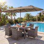 Gymax 8-Piece Patio Dining Set w/ Double-Sided Market Umbrella Acacia Wood Top