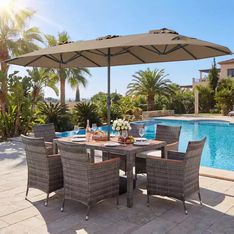 Gymax 8-Piece Patio Dining Set w/ Double-Sided Market Umbrella Acacia Wood Top