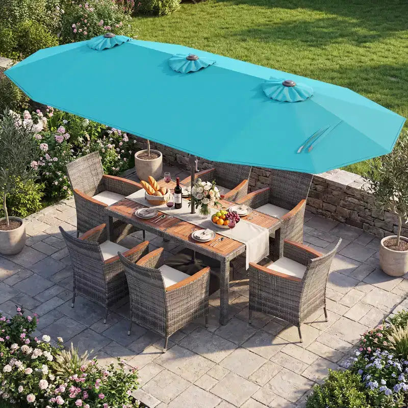 Gymax 8-Piece Patio Dining Set w/ Double-Sided Market Umbrella Acacia Wood Top