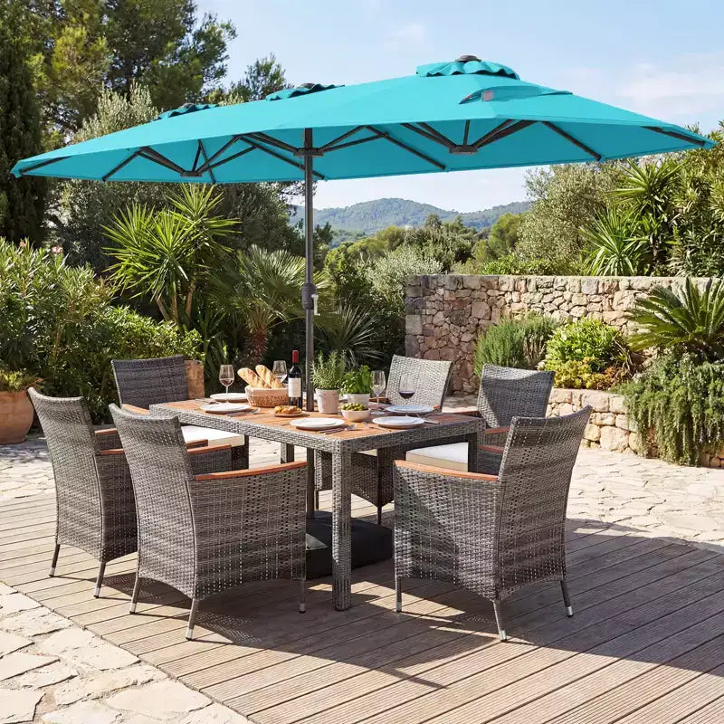 Gymax 8-Piece Patio Dining Set w/ Double-Sided Market Umbrella Acacia Wood Top