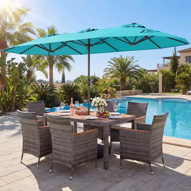 Gymax 8-Piece Patio Dining Set w/ Double-Sided Market Umbrella Acacia Wood Top