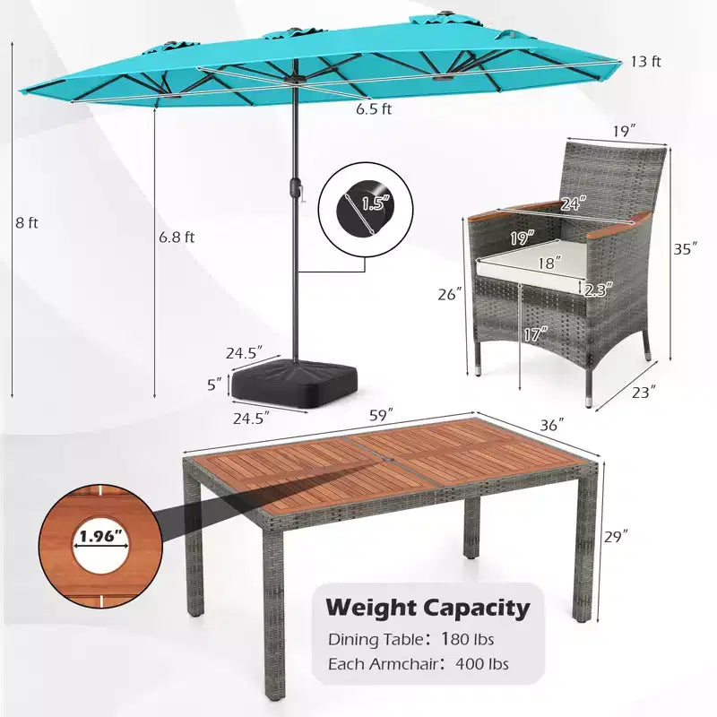 Gymax 8-Piece Patio Dining Set w/ Double-Sided Market Umbrella Acacia Wood Top