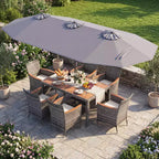 Gymax 8-Piece Patio Dining Set w/ Double-Sided Market Umbrella Acacia Wood Top