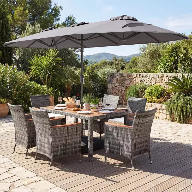 Gymax 8-Piece Patio Dining Set w/ Double-Sided Market Umbrella Acacia Wood Top