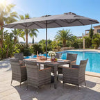 Gymax 8-Piece Patio Dining Set w/ Double-Sided Market Umbrella Acacia Wood Top