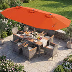Gymax 8-Piece Patio Dining Set w/ Double-Sided Market Umbrella Acacia Wood Top