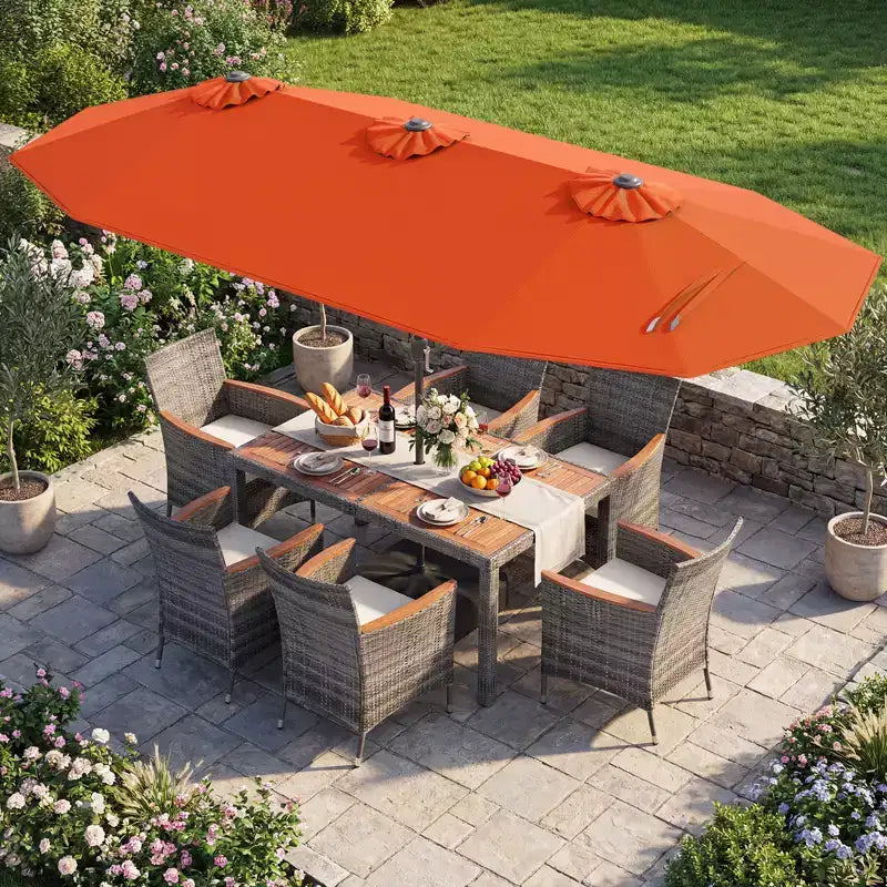Gymax 8-Piece Patio Dining Set w/ Double-Sided Market Umbrella Acacia Wood Top
