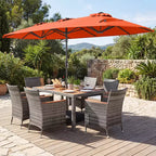 Gymax 8-Piece Patio Dining Set w/ Double-Sided Market Umbrella Acacia Wood Top