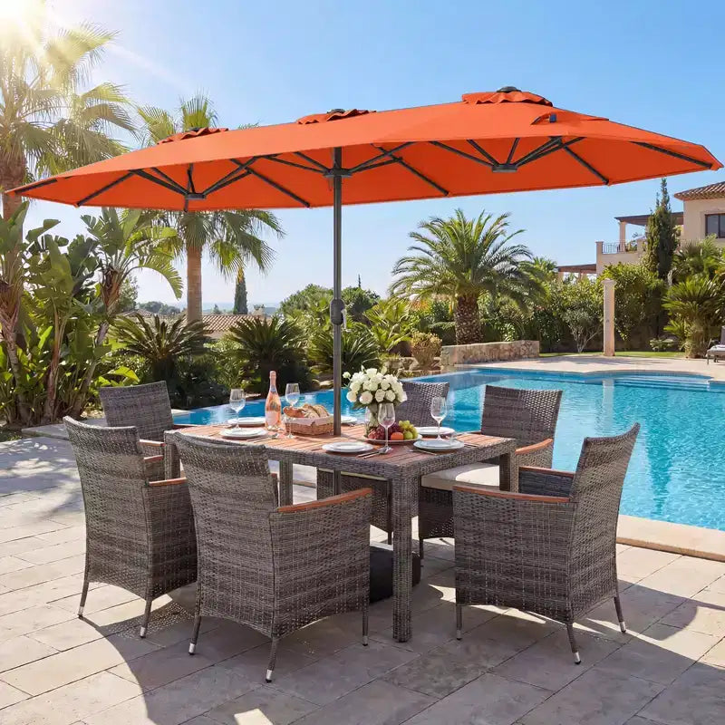 Gymax 8-Piece Patio Dining Set w/ Double-Sided Market Umbrella Acacia Wood Top