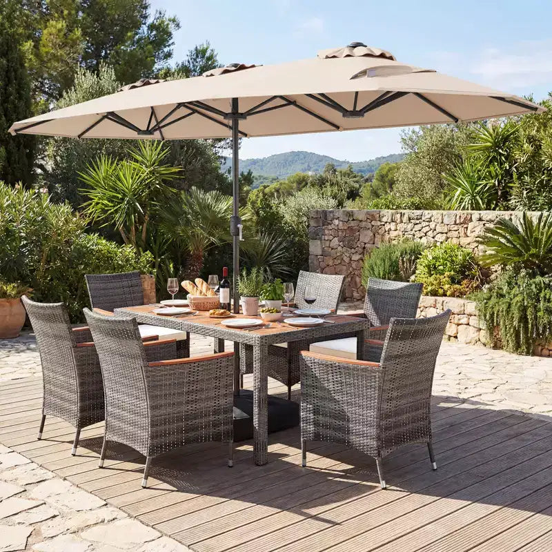 Gymax 8-Piece Patio Dining Set w/ Double-Sided Market Umbrella Acacia Wood Top
