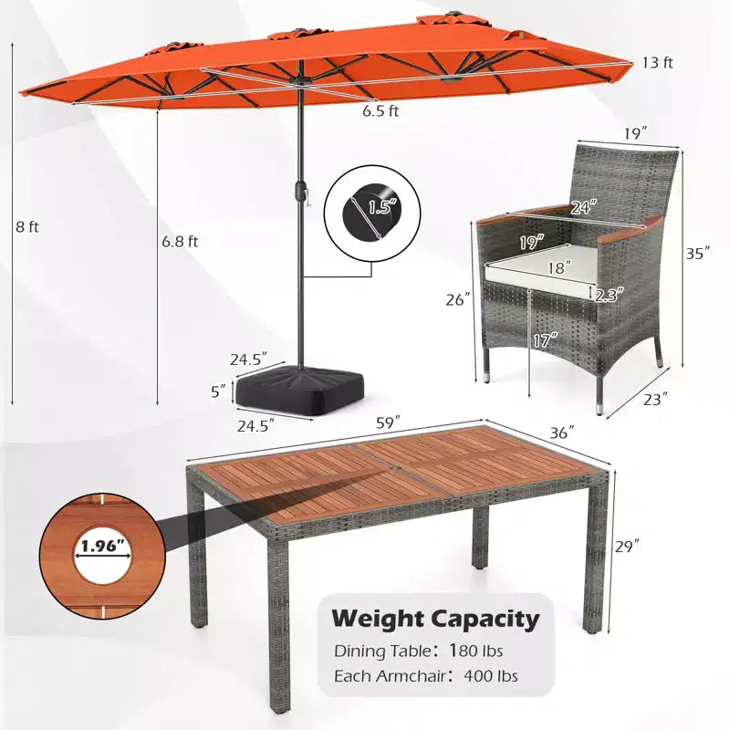 Gymax 8-Piece Patio Dining Set w/ Double-Sided Market Umbrella Acacia Wood Top