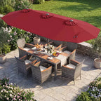 Gymax 8-Piece Patio Dining Set w/ Double-Sided Market Umbrella Acacia Wood Top