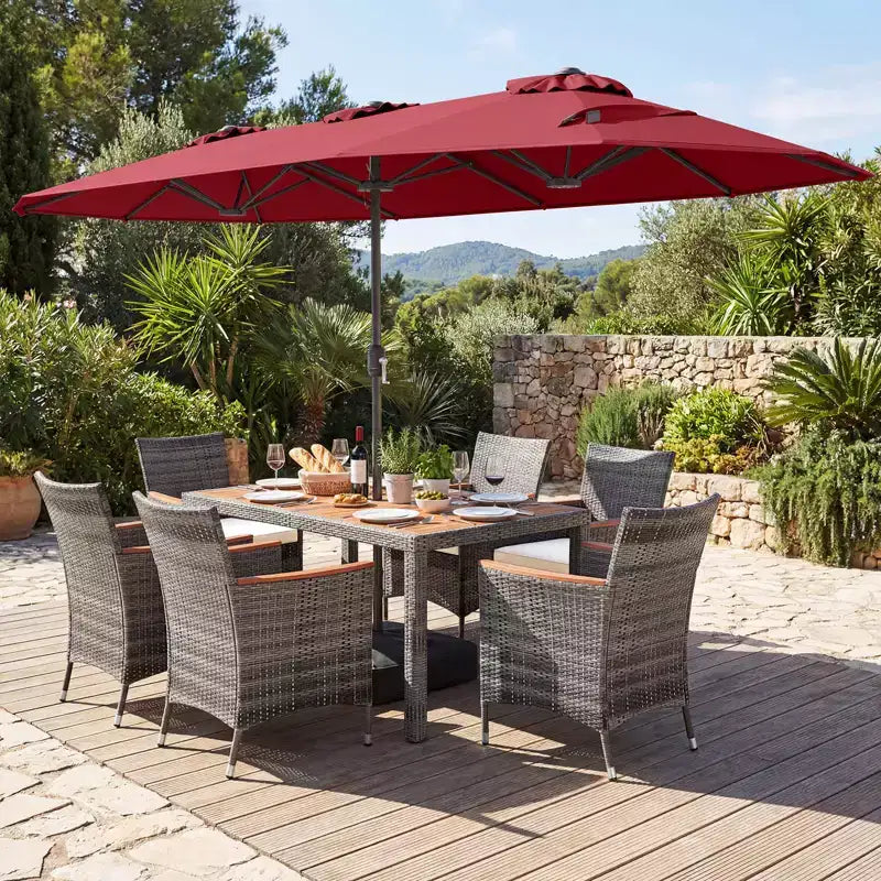 Gymax 8-Piece Patio Dining Set w/ Double-Sided Market Umbrella Acacia Wood Top