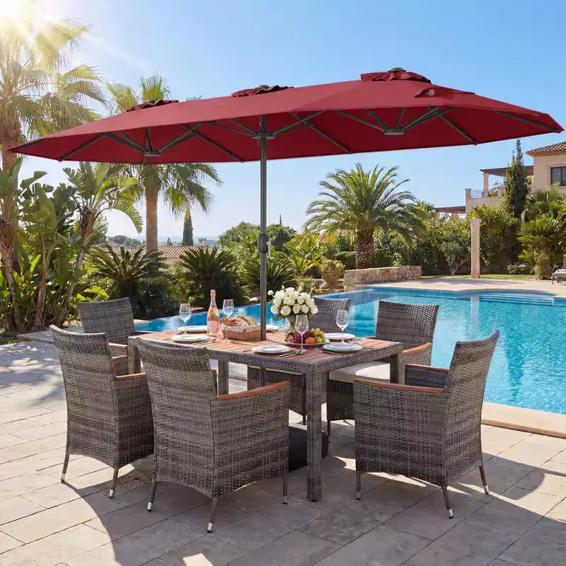 Gymax 8-Piece Patio Dining Set w/ Double-Sided Market Umbrella Acacia Wood Top