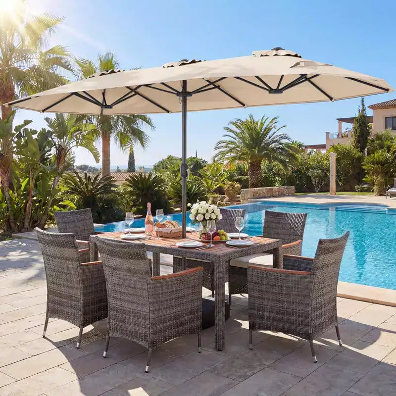 Gymax 8-Piece Patio Dining Set w/ Double-Sided Market Umbrella Acacia Wood Top