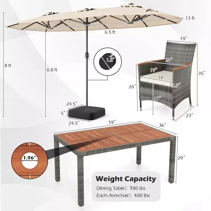 Gymax 8-Piece Patio Dining Set w/ Double-Sided Market Umbrella Acacia Wood Top