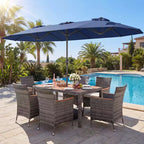 Gymax 8-Piece Patio Dining Set w/ Double-Sided Market Umbrella Acacia Wood Top
