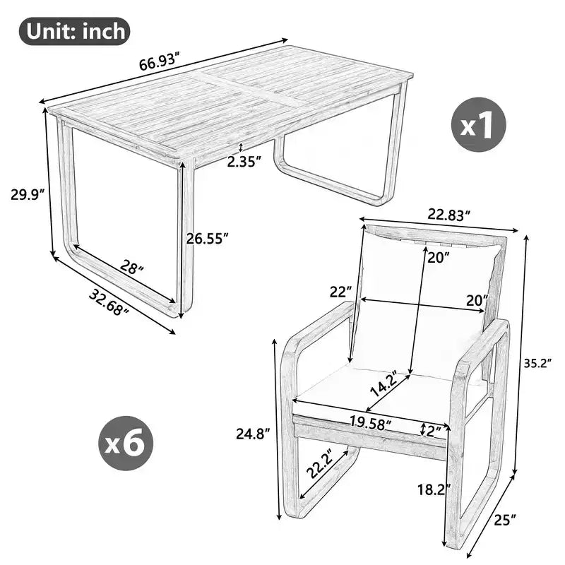 Ensemble de salle à manger d'extérieur Whisen 7 pièces en bois, ensemble de salle à manger pour terrasse, cuisine, jardin, table rectangulaire et 6 chaises avec coussins amovibles