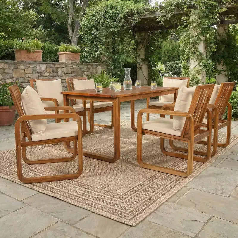 Ensemble de salle à manger d'extérieur Whisen 7 pièces en bois, ensemble de salle à manger pour terrasse, cuisine, jardin, table rectangulaire et 6 chaises avec coussins amovibles