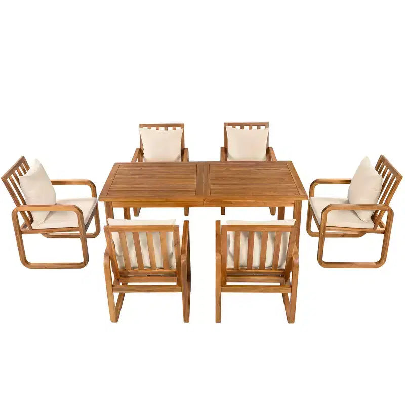Ensemble de salle à manger d'extérieur Whisen 7 pièces en bois, ensemble de salle à manger pour terrasse, cuisine, jardin, table rectangulaire et 6 chaises avec coussins amovibles